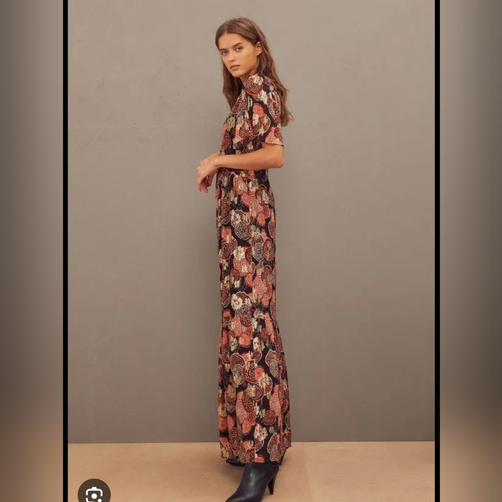 ba&sh Black Floral V-Neck Maxi HIDE Dress with Rust, Gold and Cream Accents - Picture 2 of 9